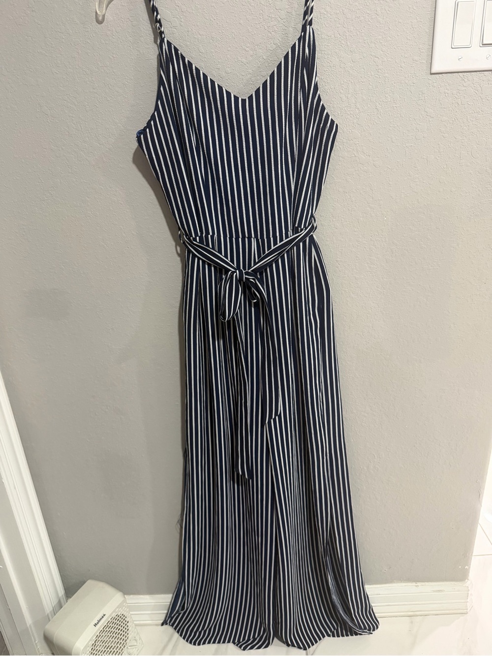 Monteau Navy & White Striped Spaghetti Strap Jumpsuit with Waist Tie